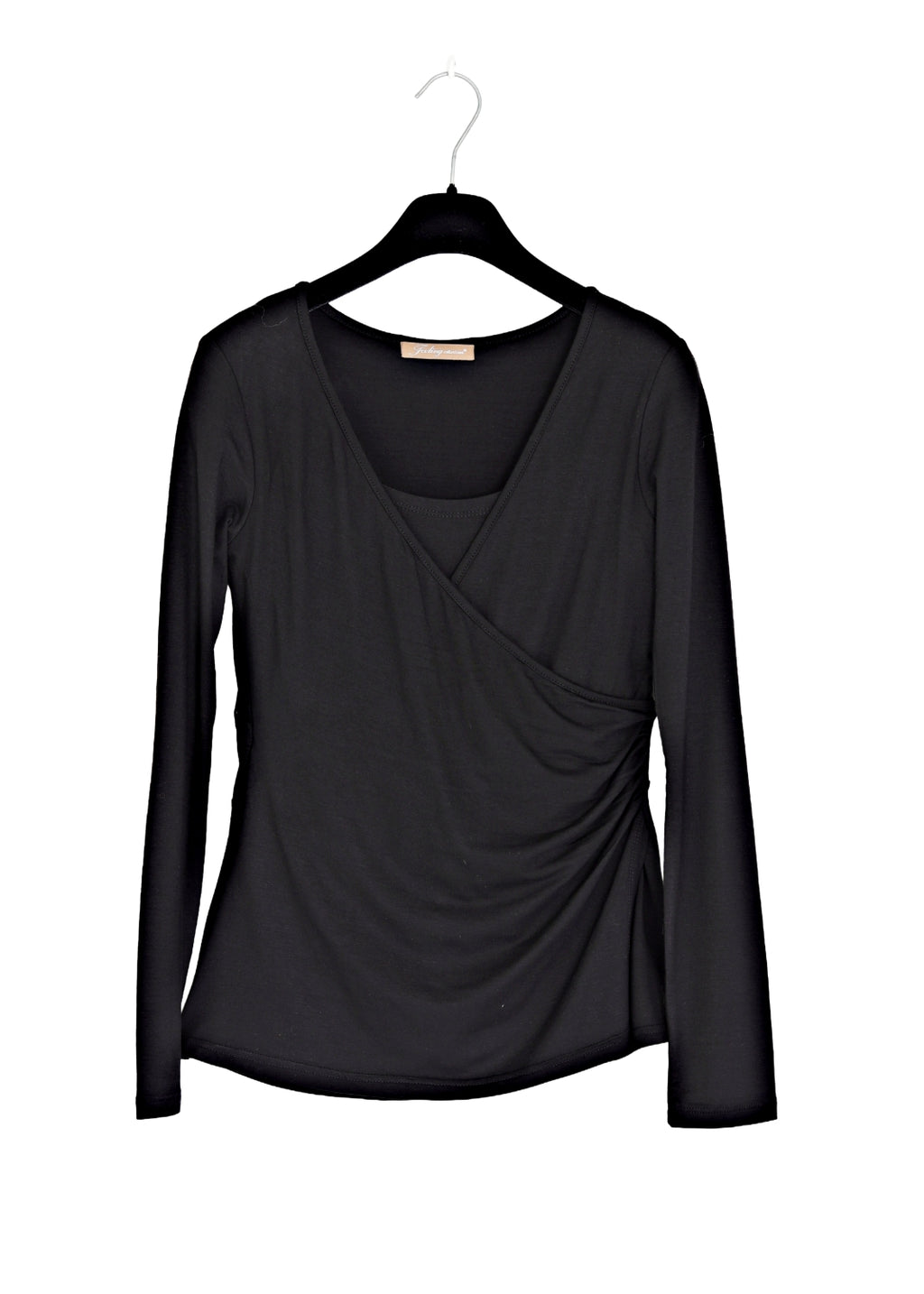 Omlottopp i mjuk viskosjersey med draperad midja och lång ärm. 