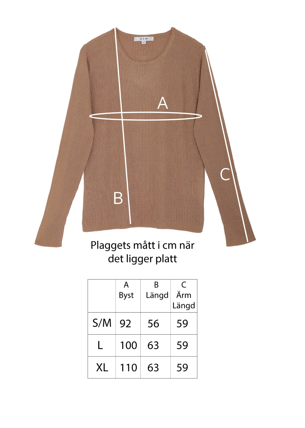 Rundhalsad ribbstickad sidentröja, camel