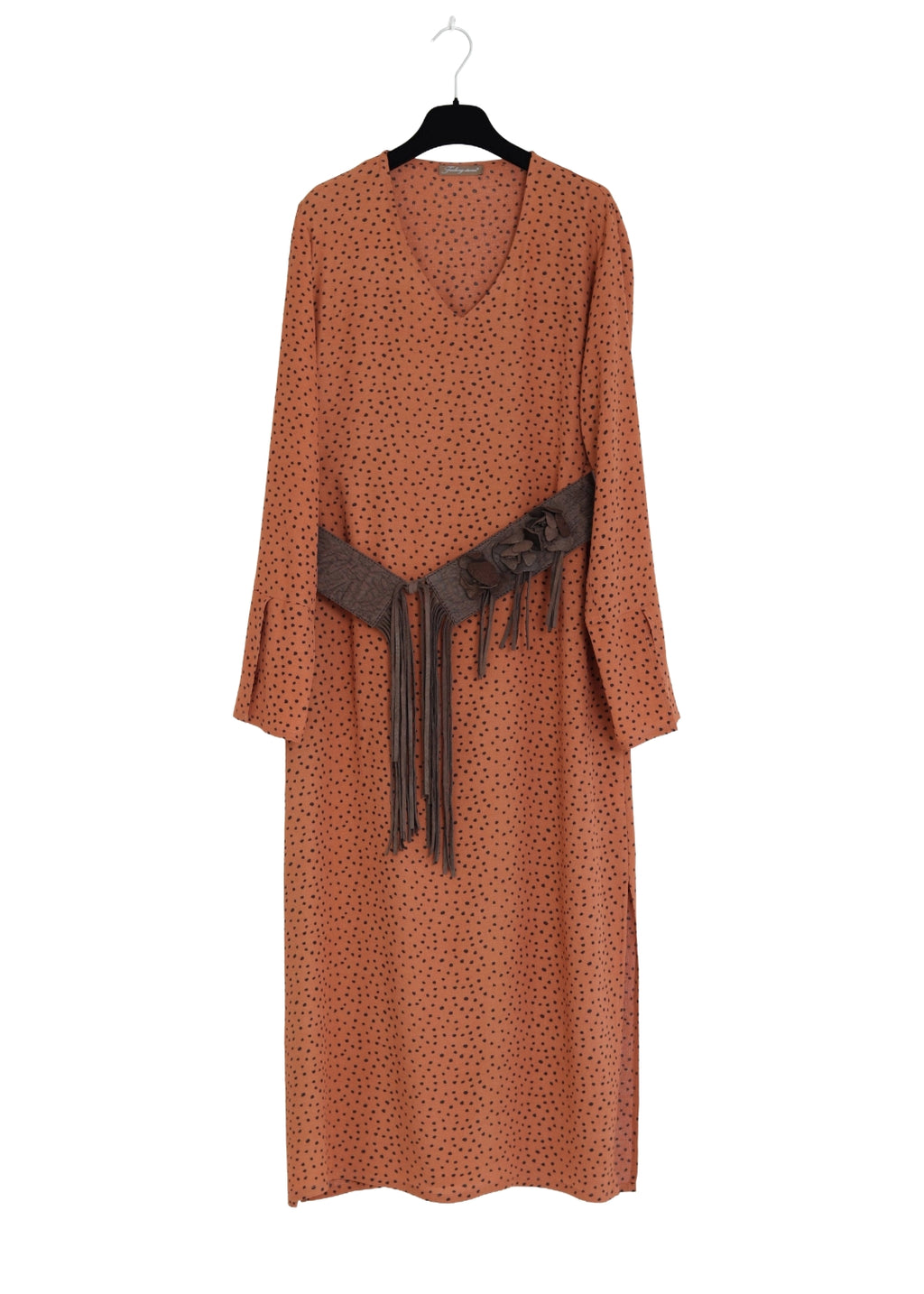 V-ringad midilång klänning med ärm - Cinnamon dot