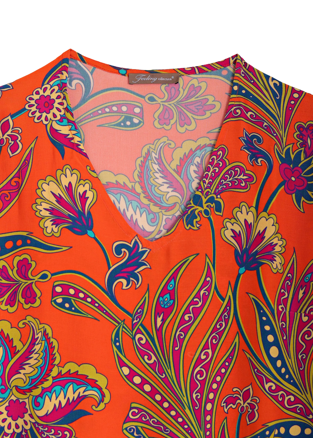 V-ringad lång klänning med ärm i viskos | Ruby dress Fiesta print