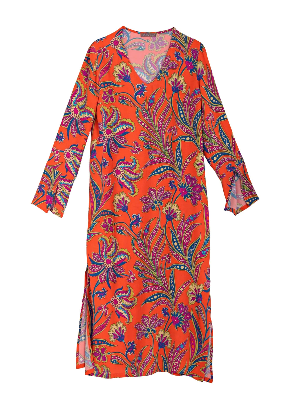V-ringad lång klänning med ärm i viskos | Ruby dress Fiesta print