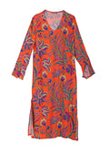 V-ringad lång klänning med ärm i viskos | Ruby dress Fiesta print