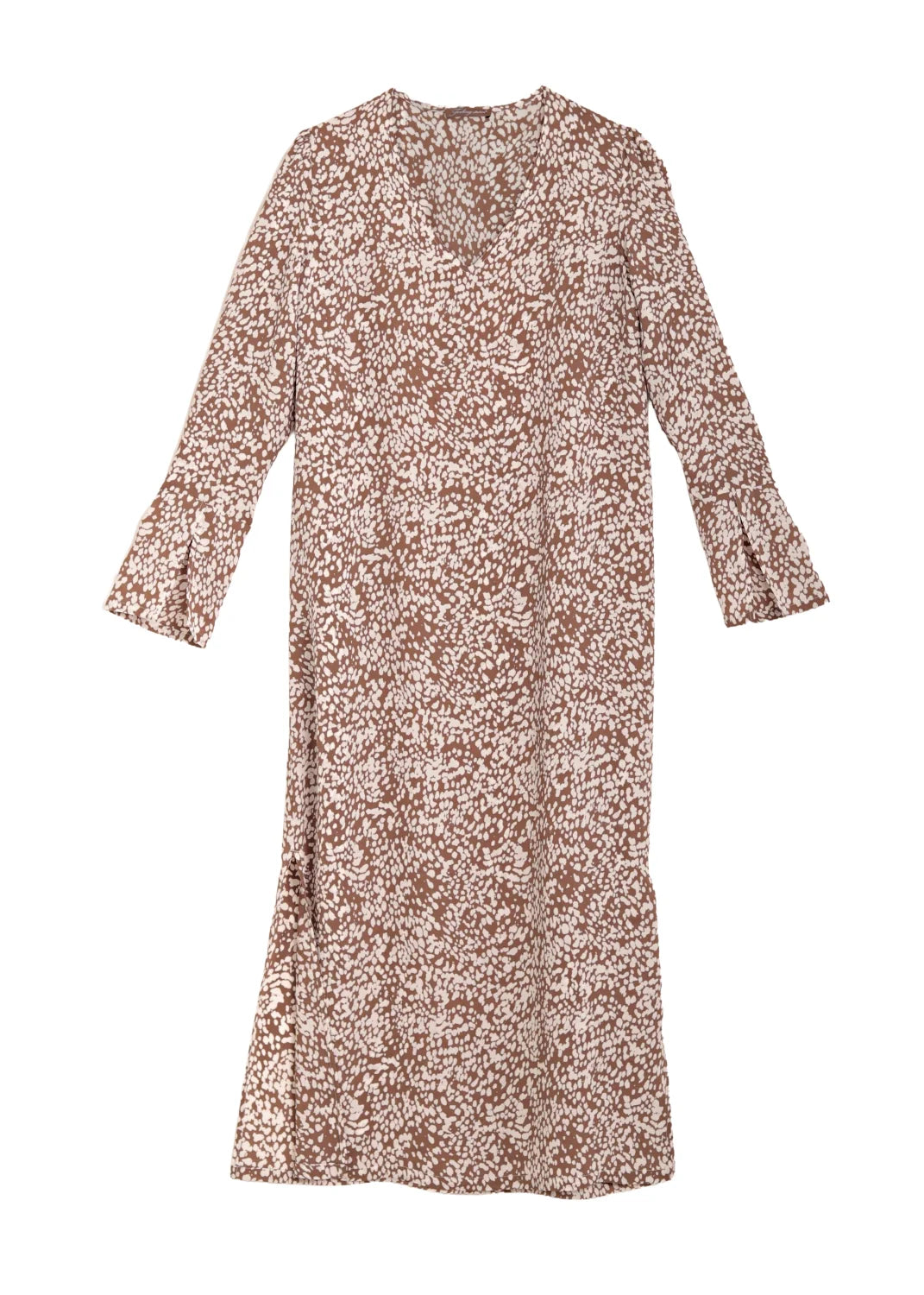 V-ringad lång klänning med ärm i viskos | Ruby dress Spotted taupe