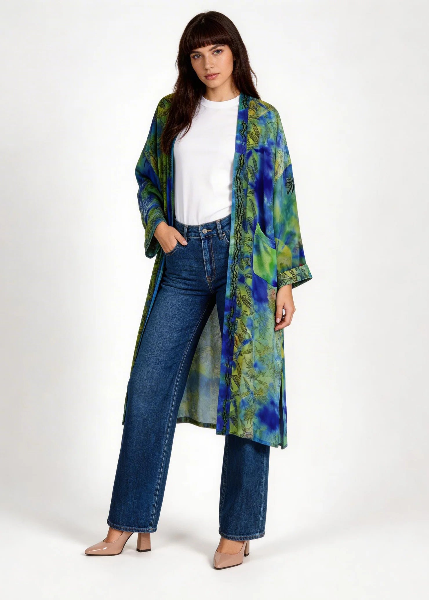 Kimono i handtryckt unikt vintage siden - ocean green 34