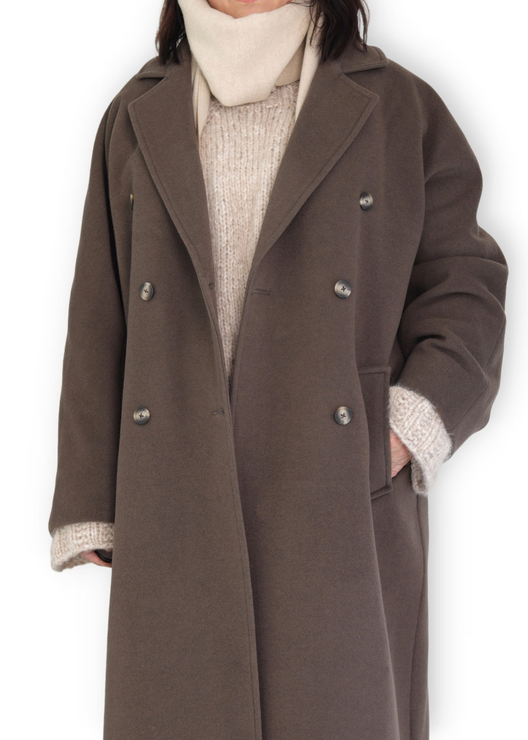 Lång dubbelknäppt Ull kappa - Brown-Green