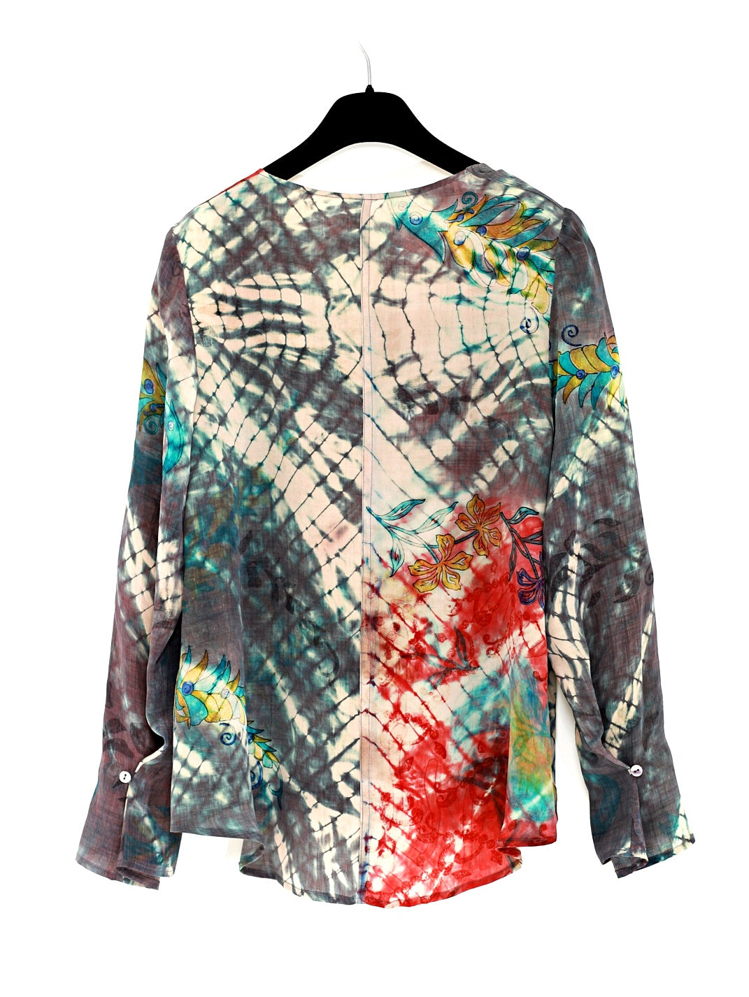 Vintage sidenblus med lång ärm - Peakock