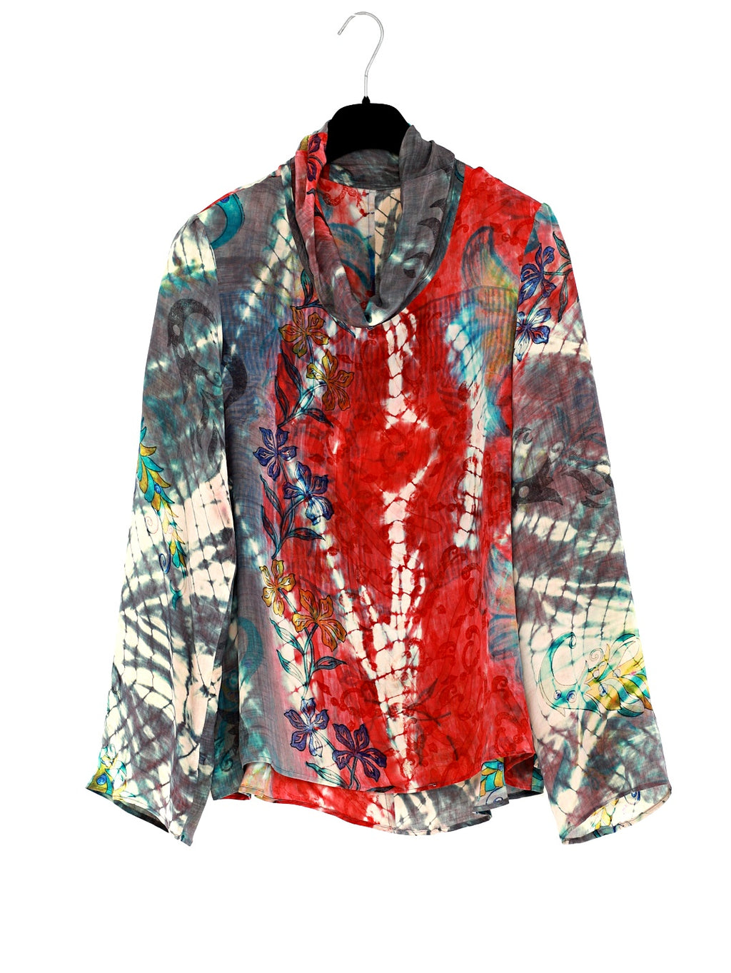 Handmålad unik siden blus gjord av återvunnen siden sari