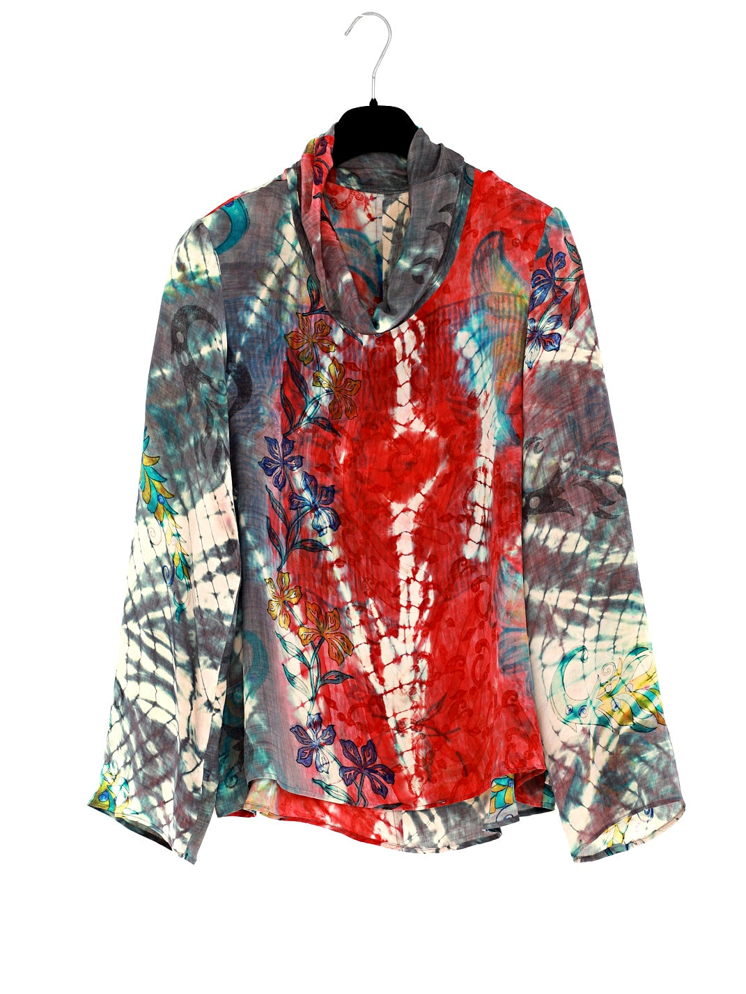 Handmålad unik siden blus gjord av återvunnen siden sari