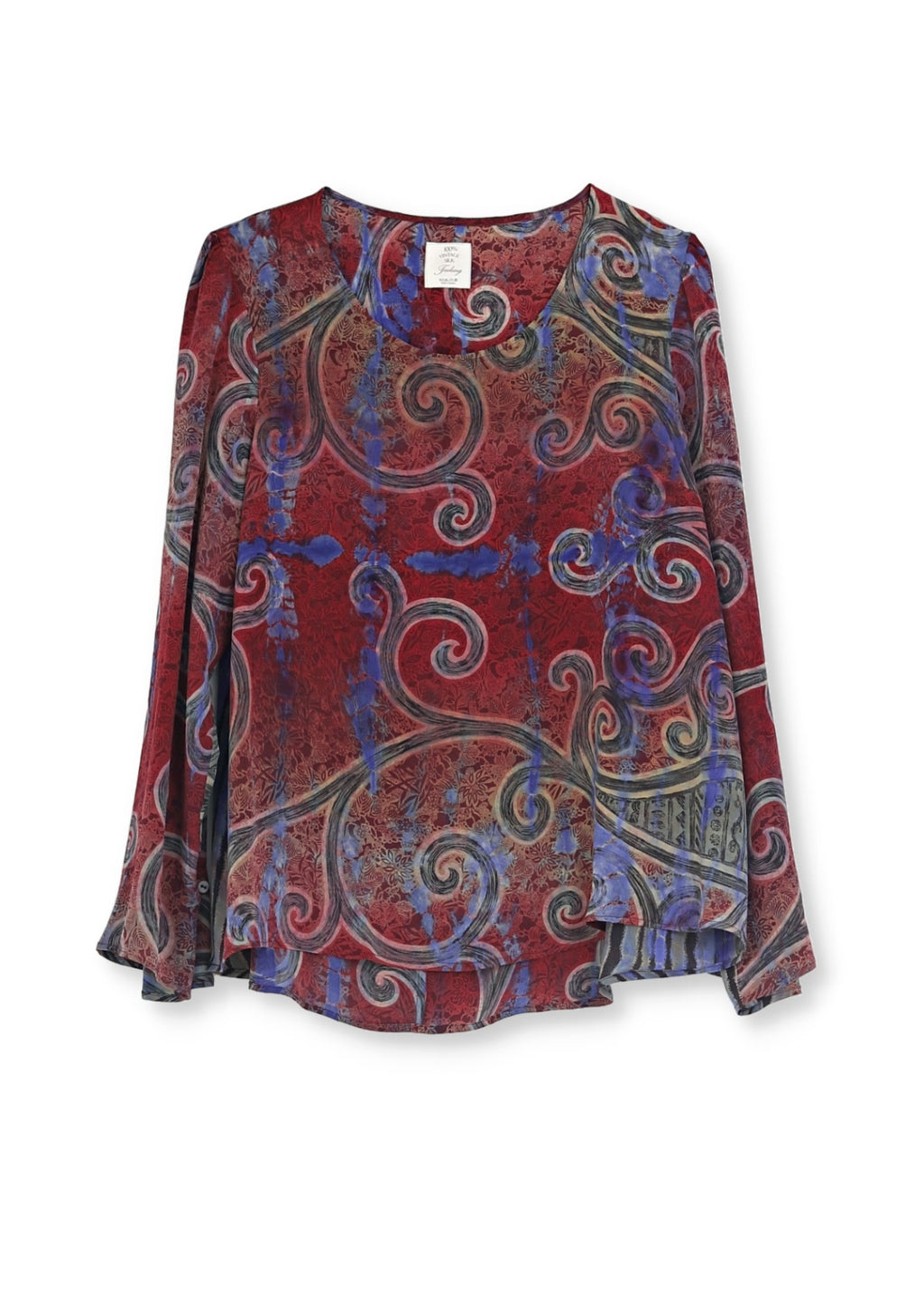 Handmålad unik siden blus gjord av återvunnen siden sari