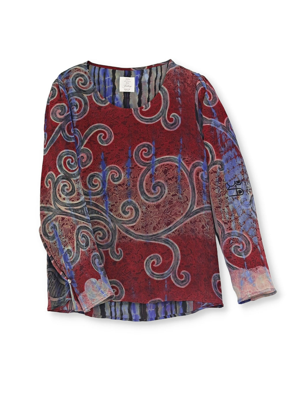 Vintage Sidenblus med rund hals och lång ärm - Ruby red