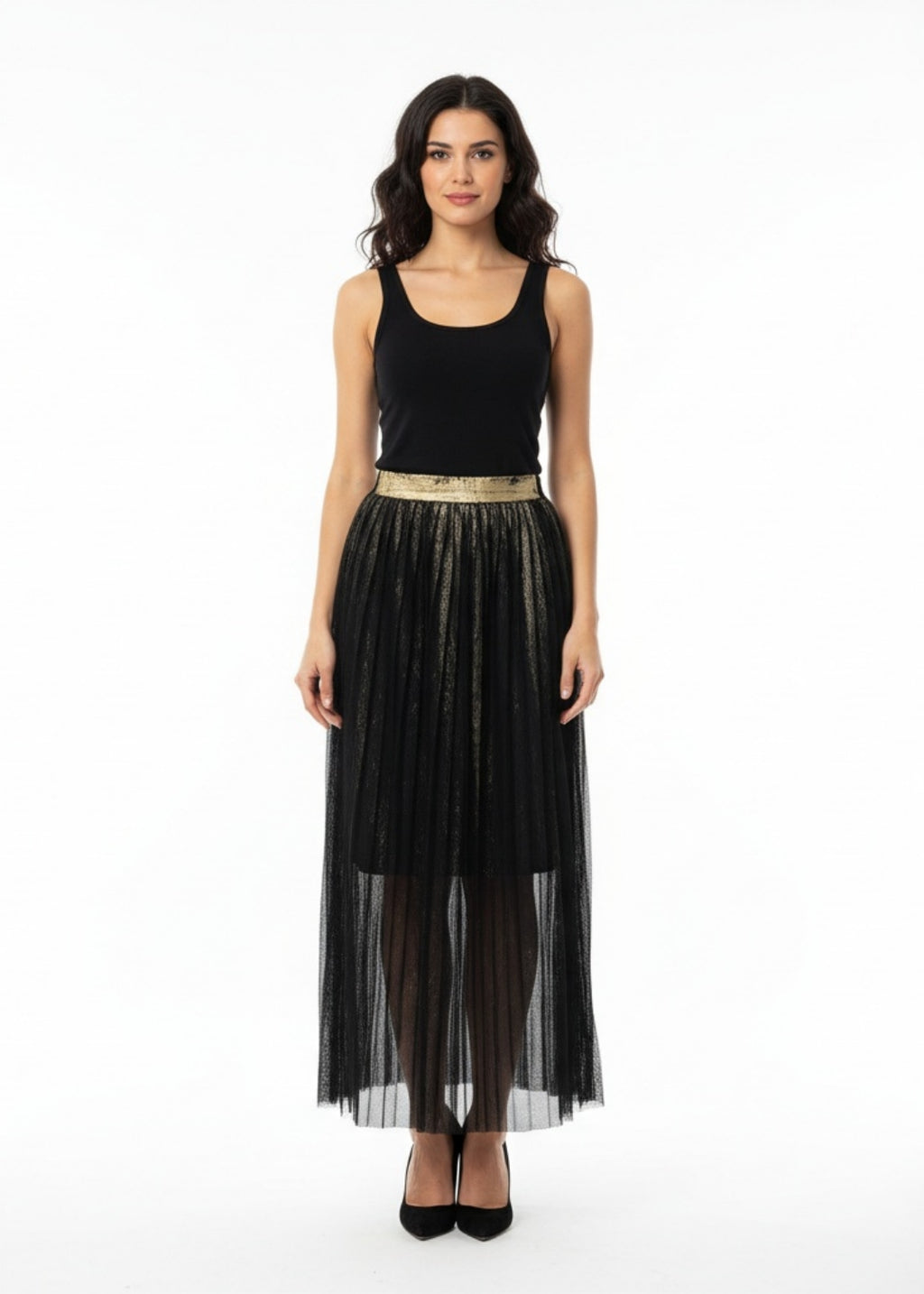 Plisserad lång kjol med guld detaljer - Black