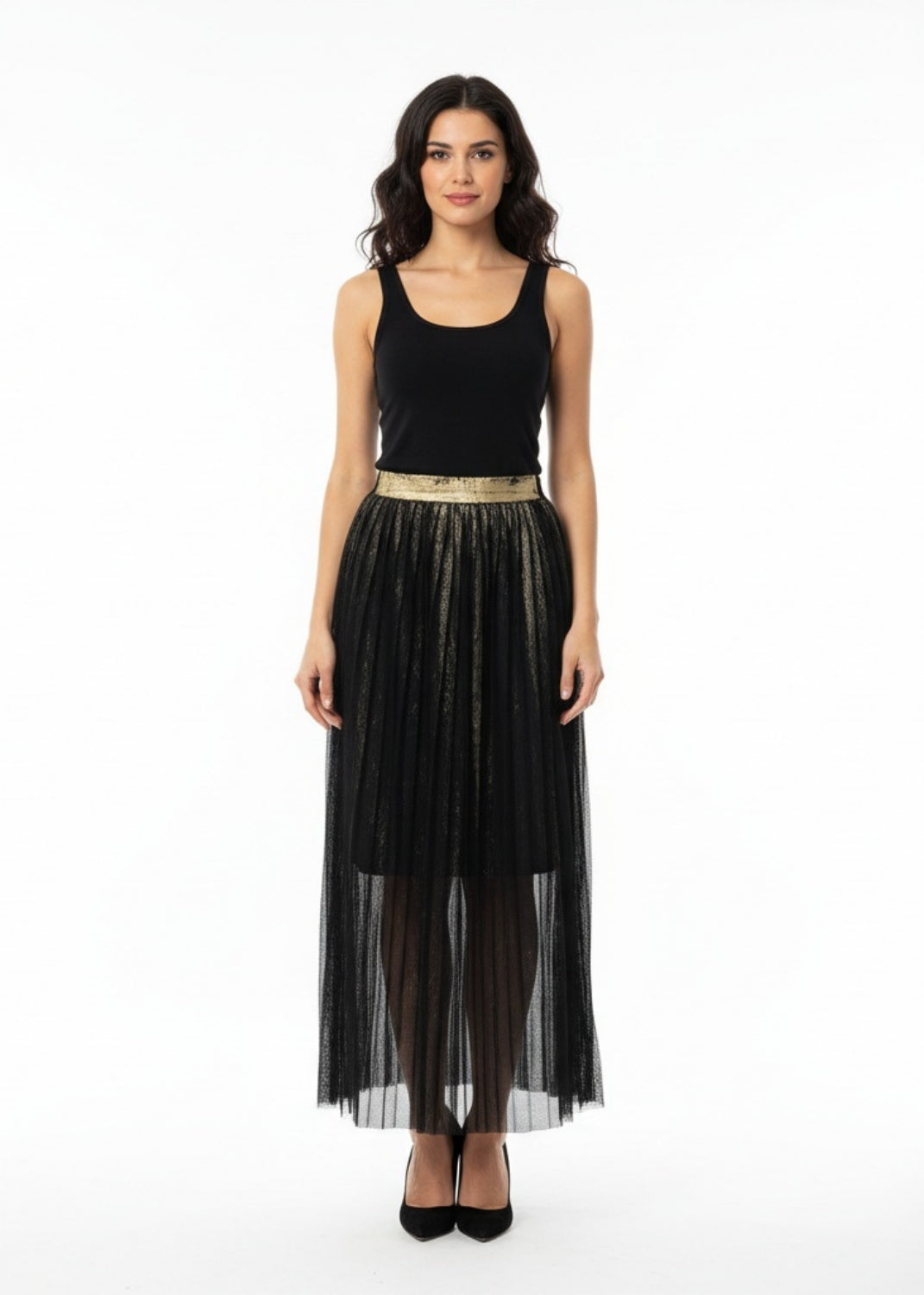 Plisserad lång kjol med guld detaljer - Black