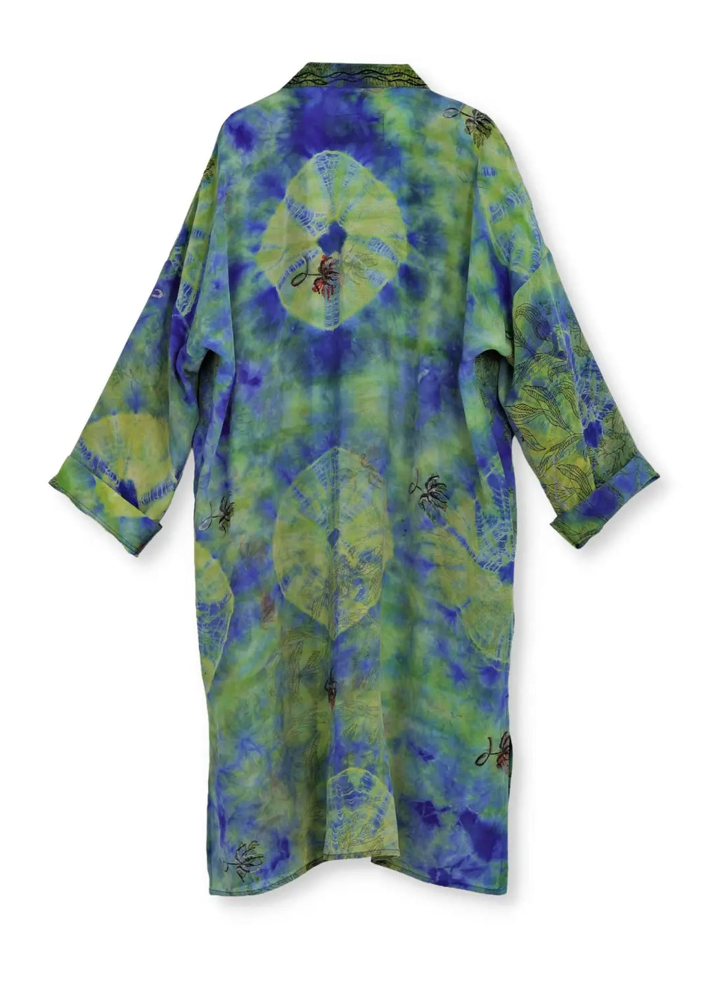 Bakvy av unik vintage kimono i siden med konstnärligt print