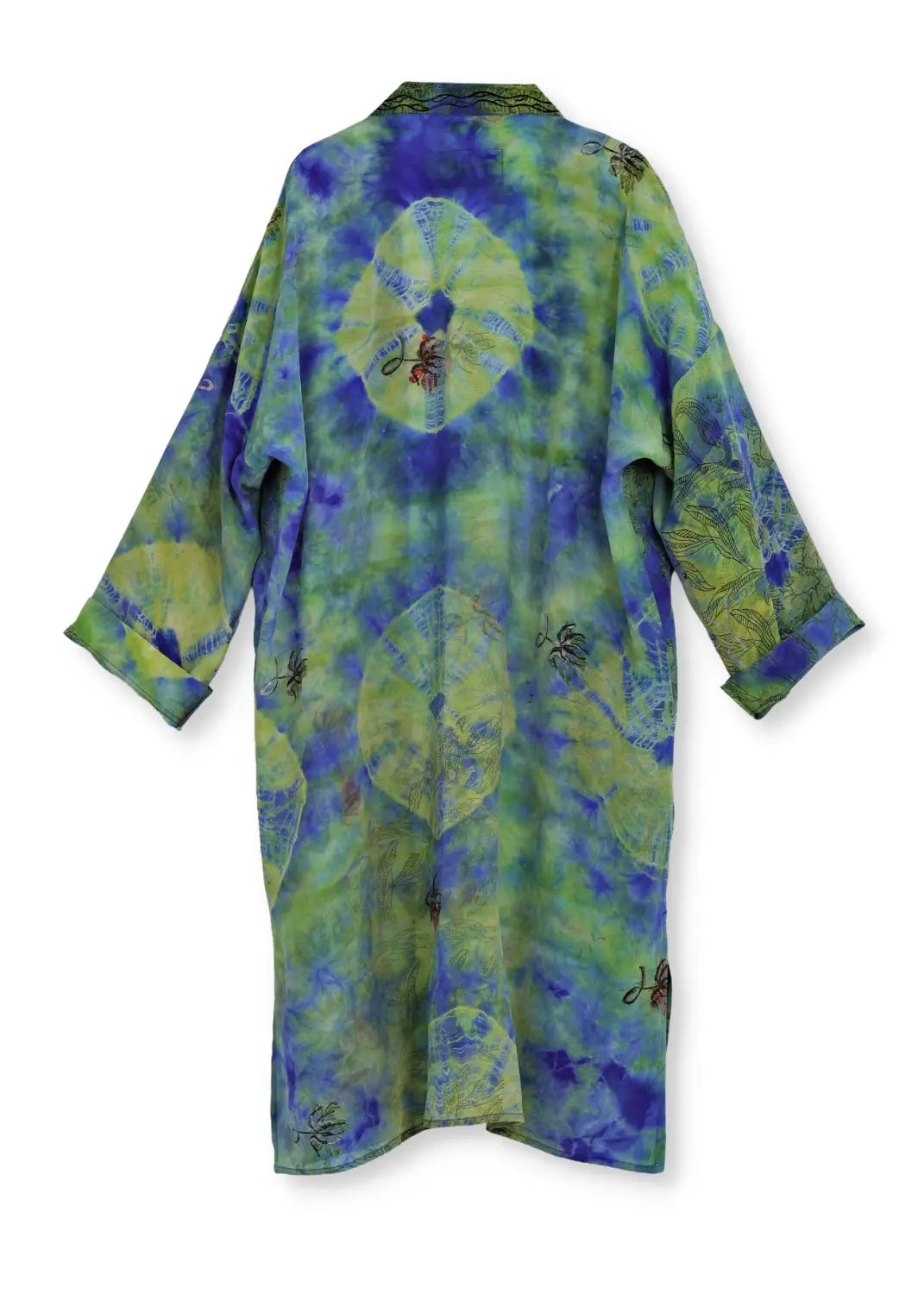 Bakvy av unik vintage kimono i siden med konstnärligt print