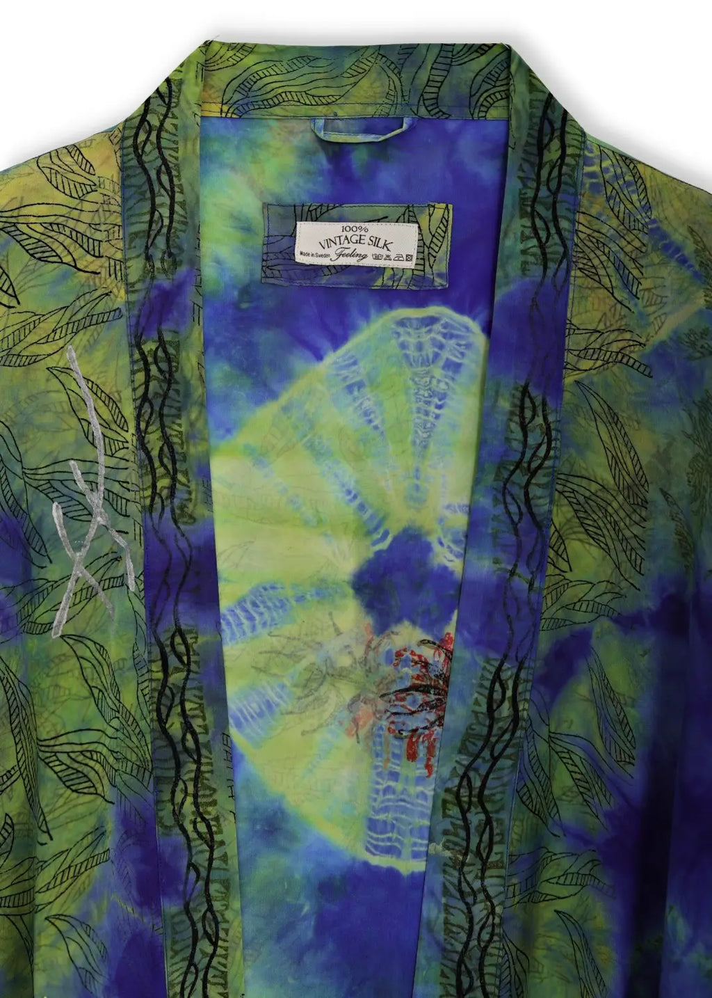 Kimono i handtryckt unikt vintage siden - ocean green 34