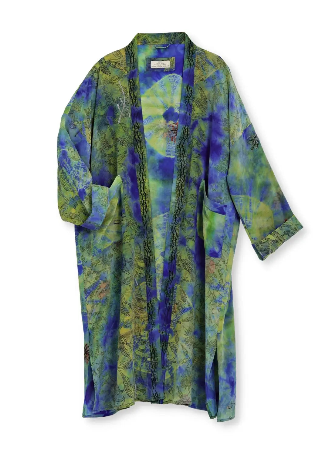 Kimono i handtryckt vintage siden i ocean green – unik bohemisk sidenkimono