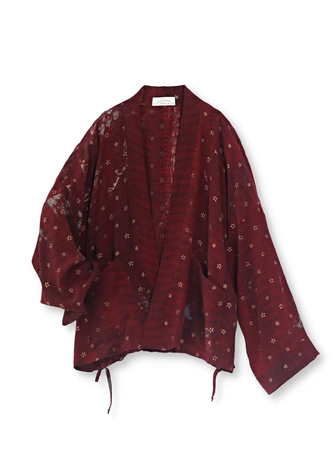 Handtryckt vintage silk kimono jacka i vinröd unikt print – bohemisk sidenkimono