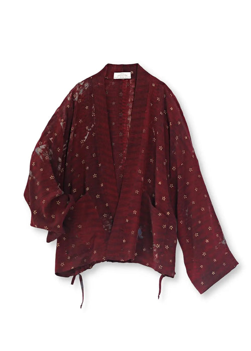 Handtryckt vintage silk kimono jacka i vinröd unikt print – bohemisk sidenkimono