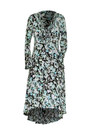 Aqua mönstrad crepe viskos klänning, hög midja, extra vidd i kjolen. V-ringad med  klockformade ärmar ger en 70s bohemisk look. 