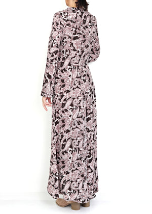 Maxilång klänning med ärm i Paisley mönstrad crepe viskos - Pink