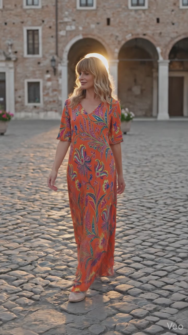 Maxilång klänning med kort ärm | Minna Orange paisley print