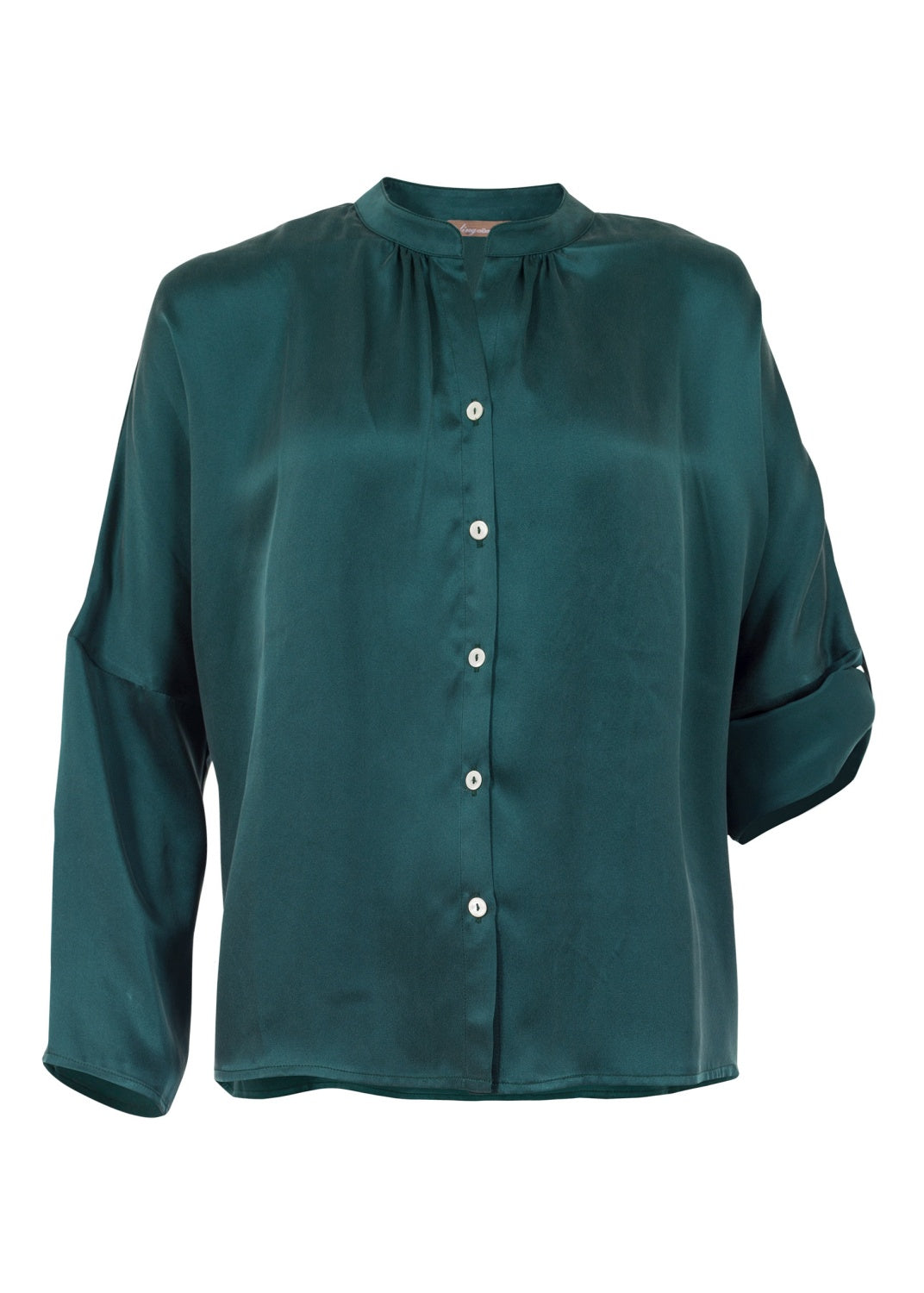 Sidenblus med stå-krage - Emerald green