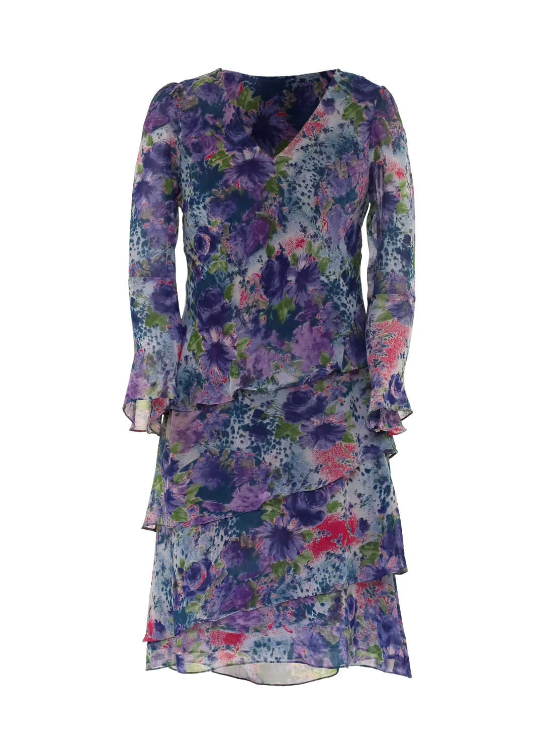 Klänning med volanger i mönstrad viskos georgette