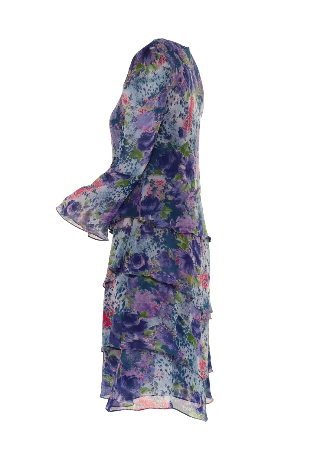 Klänning med volanger i mönstrad viskos georgette