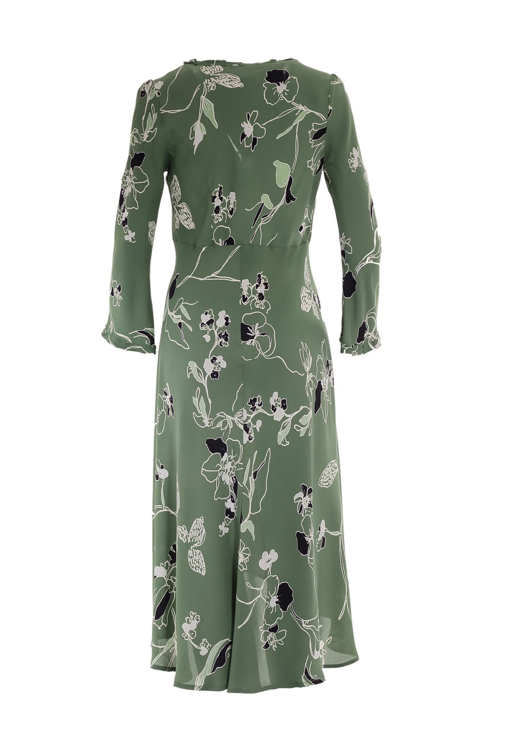 Grön crepe viskos klänning, hög midja, extra vidd i kjolen. V-ringad med  klockformade ärmar ger en 70s bohemisk look. 