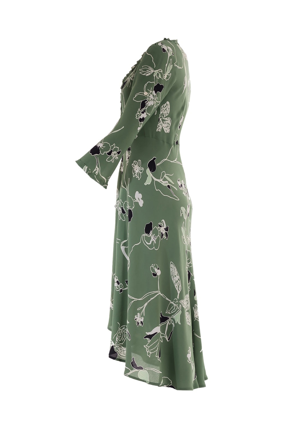 Grön crepe viskos klänning, hög midja, extra vidd i kjolen. V-ringad med  klockformade ärmar ger en 70s bohemisk look. 