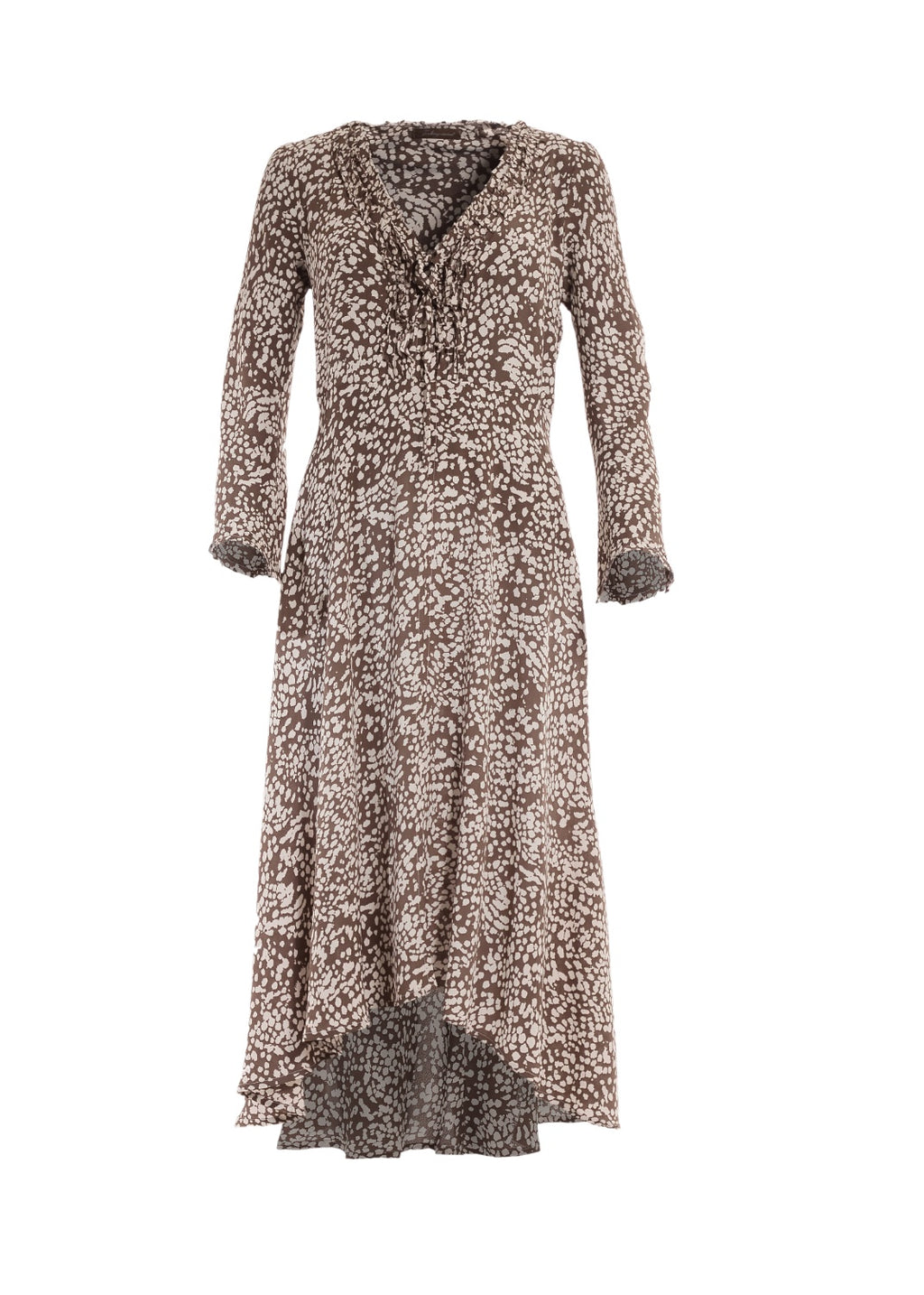 Beige-vit Crepe viskos klänning, hög midja, extra vidd i kjolen. V-ringad med  klockformade ärmar ger en 70s bohemisk look. 