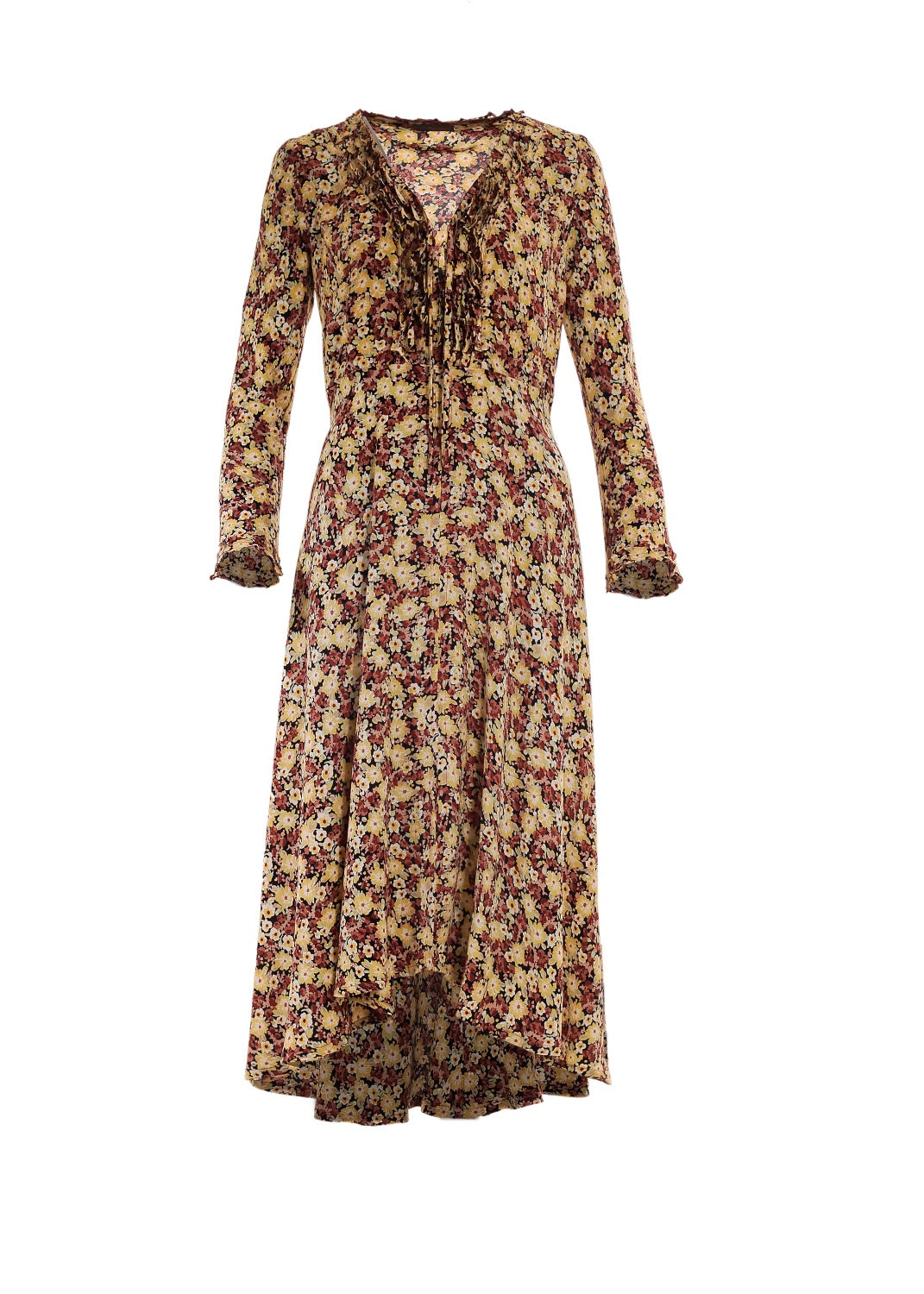 Solros blommig Crepe viskos klänning, hög midja, extra vidd i kjolen. V-ringad med  klockformade ärmar ger en 70s bohemisk look. 