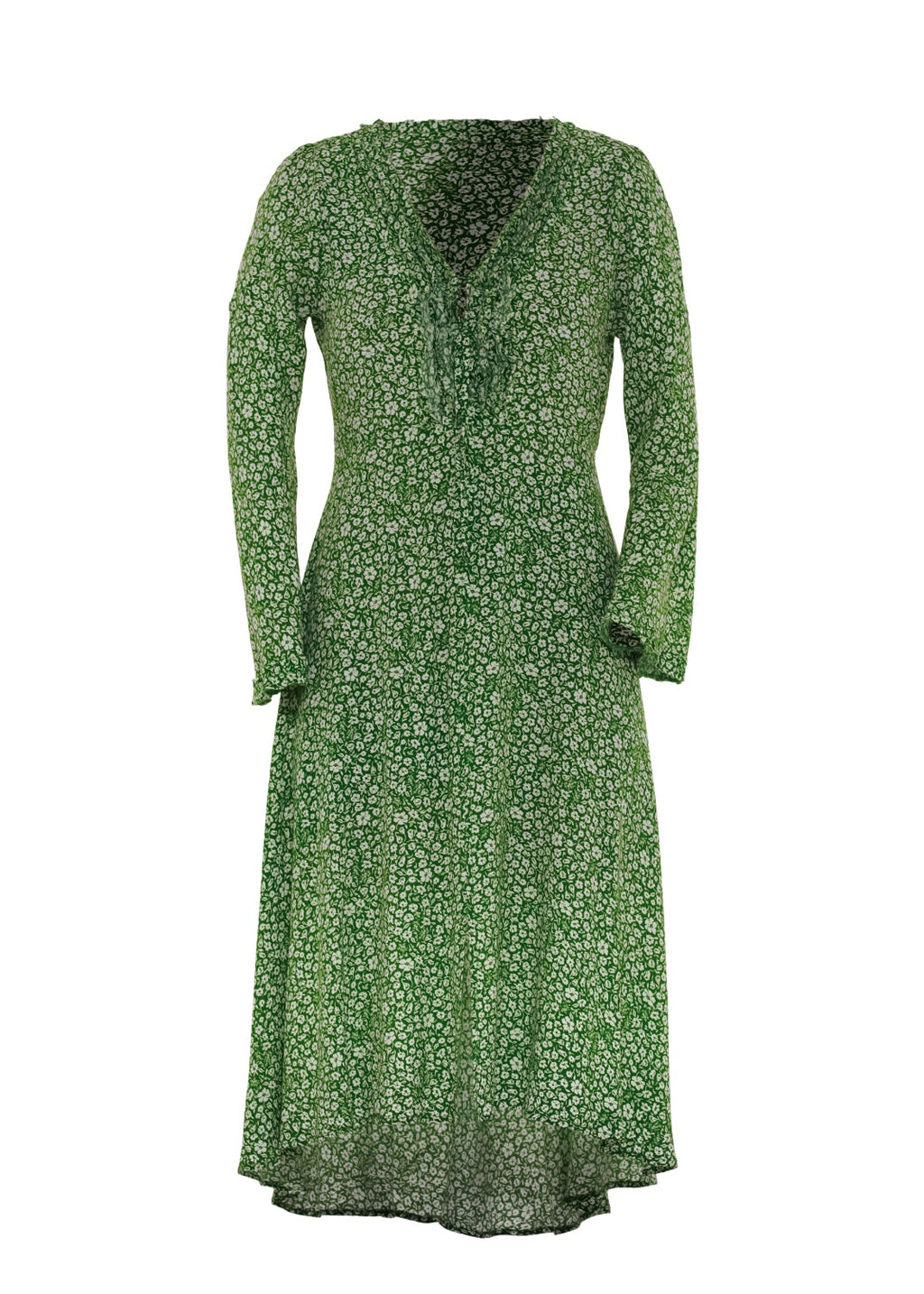 Grön mini blommig crepe viskos klänning, hög midja, extra vidd i kjolen. V-ringad med  klockformade ärmar ger en 70s bohemisk look. 