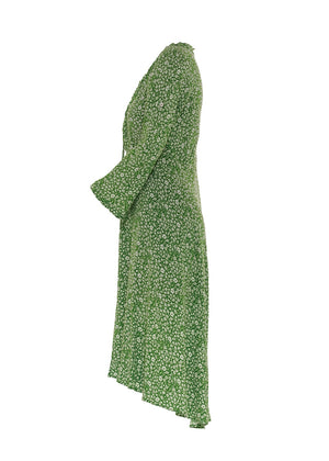 Midilång klänning med ärm i mini blommig grön i crêpe viskos